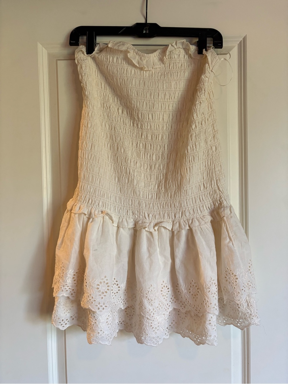 Cream Smocked Eyelet Tiered Mini Skirt